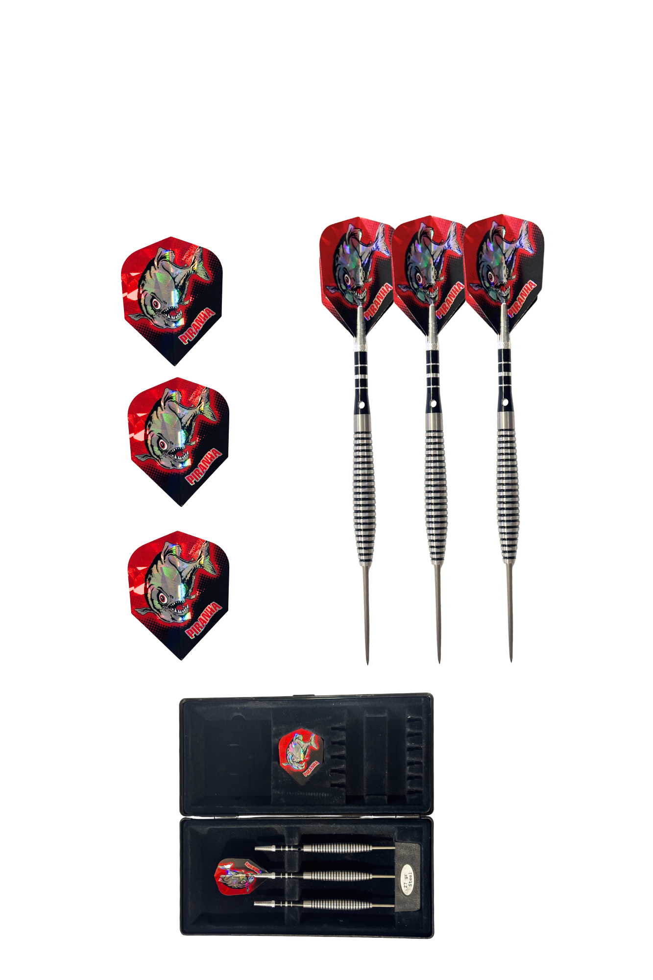 Dart World Piranha Razor Grip 27 grams Steel Tip Darts with Case